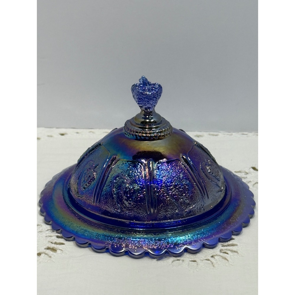 Boyd Blue Carnival Glass Small Butter Dish Strawberry Pattern Iridescent B Stamp